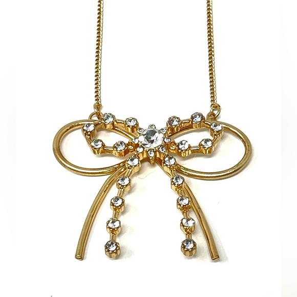 New Anthropologie Rhinestone Bow Necklace Gold - Picture 4 of 5